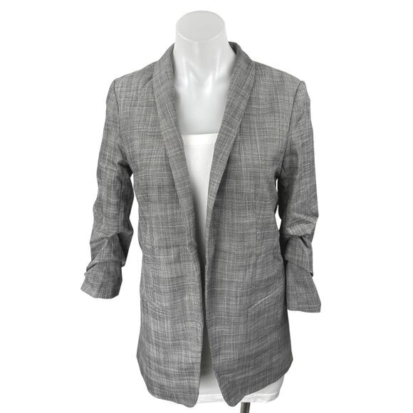 H&M Gray Plaid Long Sleeve Shaw Collar Pocket Open Blazer Coat Jacket Size 2 - Picture 1 of 4